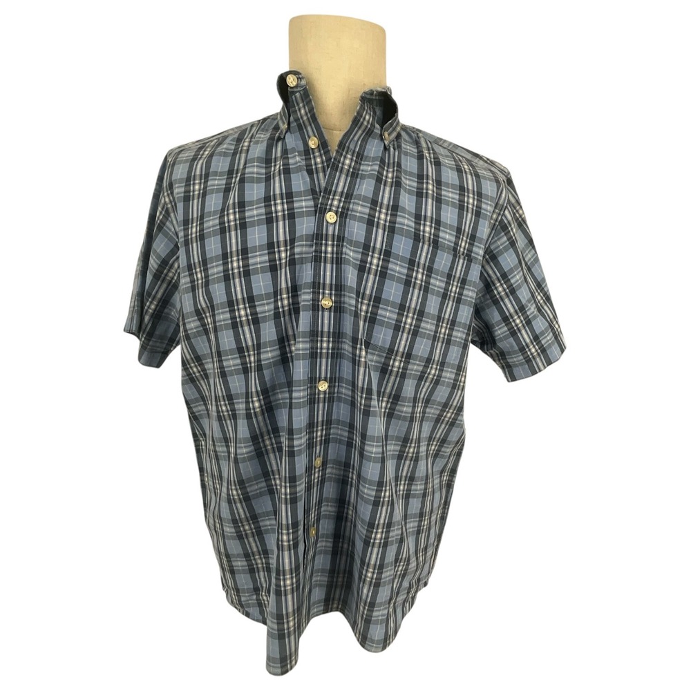 Hathaway Mens Short Sleeve Plaid Button Down Shirt Blue Grey‎ Cotton Sz M Retro